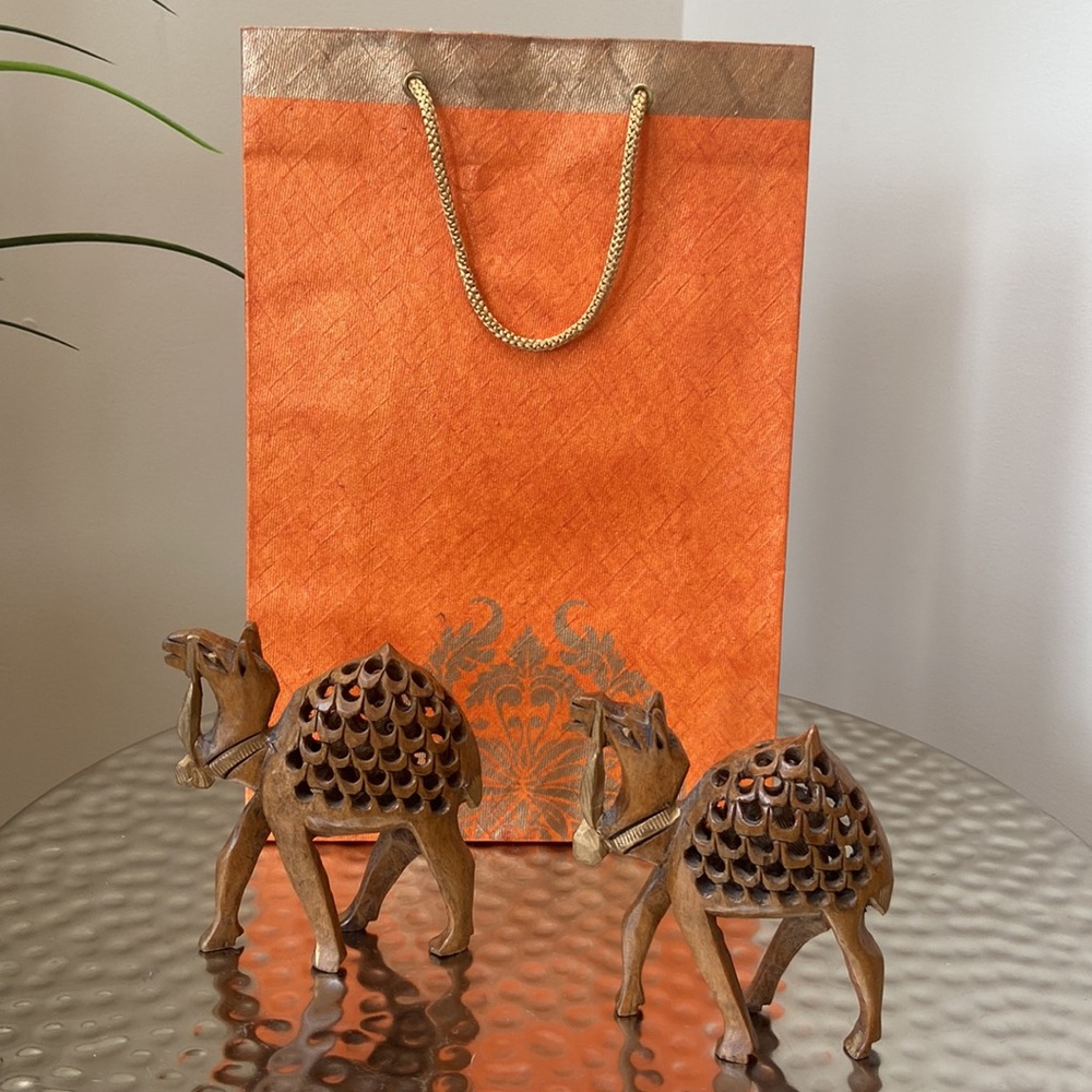 2 Handcrafted wooden Carved Camel from India w/ beautiful crafted paper gift bag